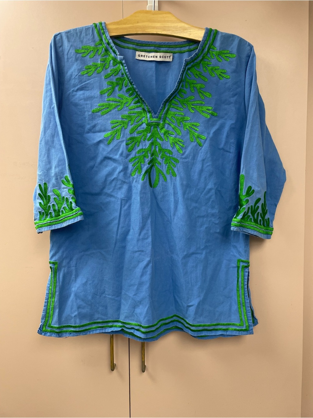 Gretchen Scott Designs Blue Green Embroidered Cotton Tunic Top M